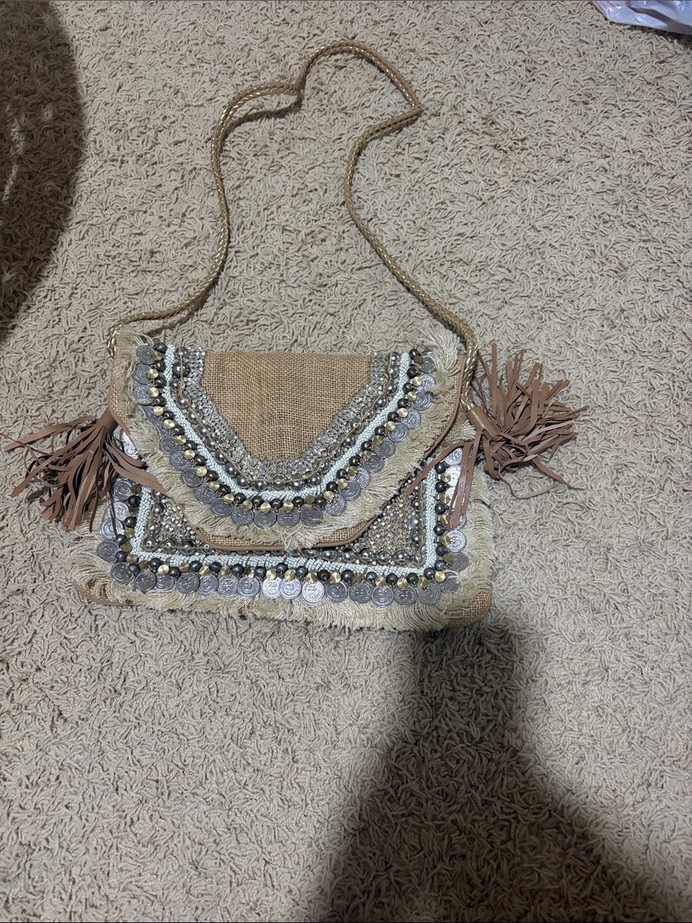 SHASHI Beige Embellished Boho Crossbody with Tassels